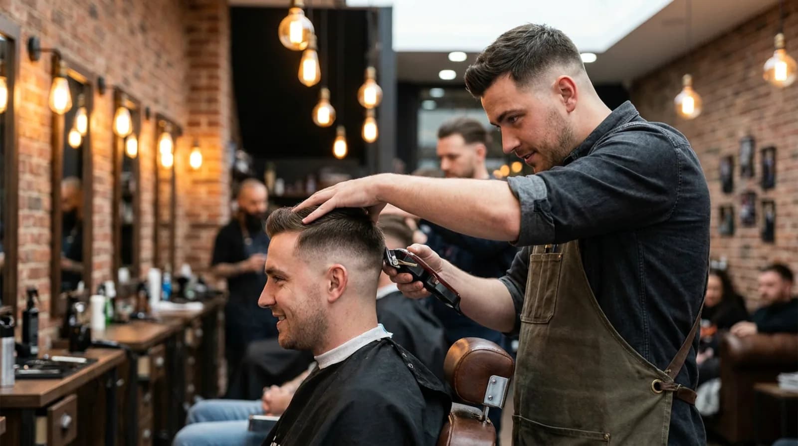 Barber giving a client a precision fade in a contemporary barbershop