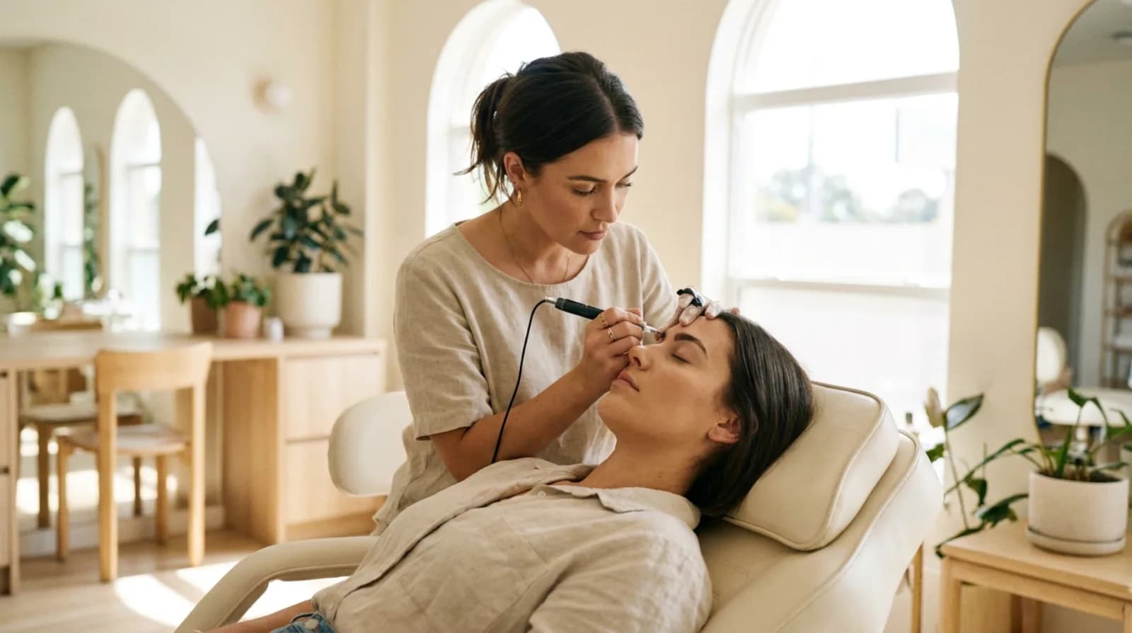 Beautician performing an eyebrow treatment in a bright minimal beauty studio