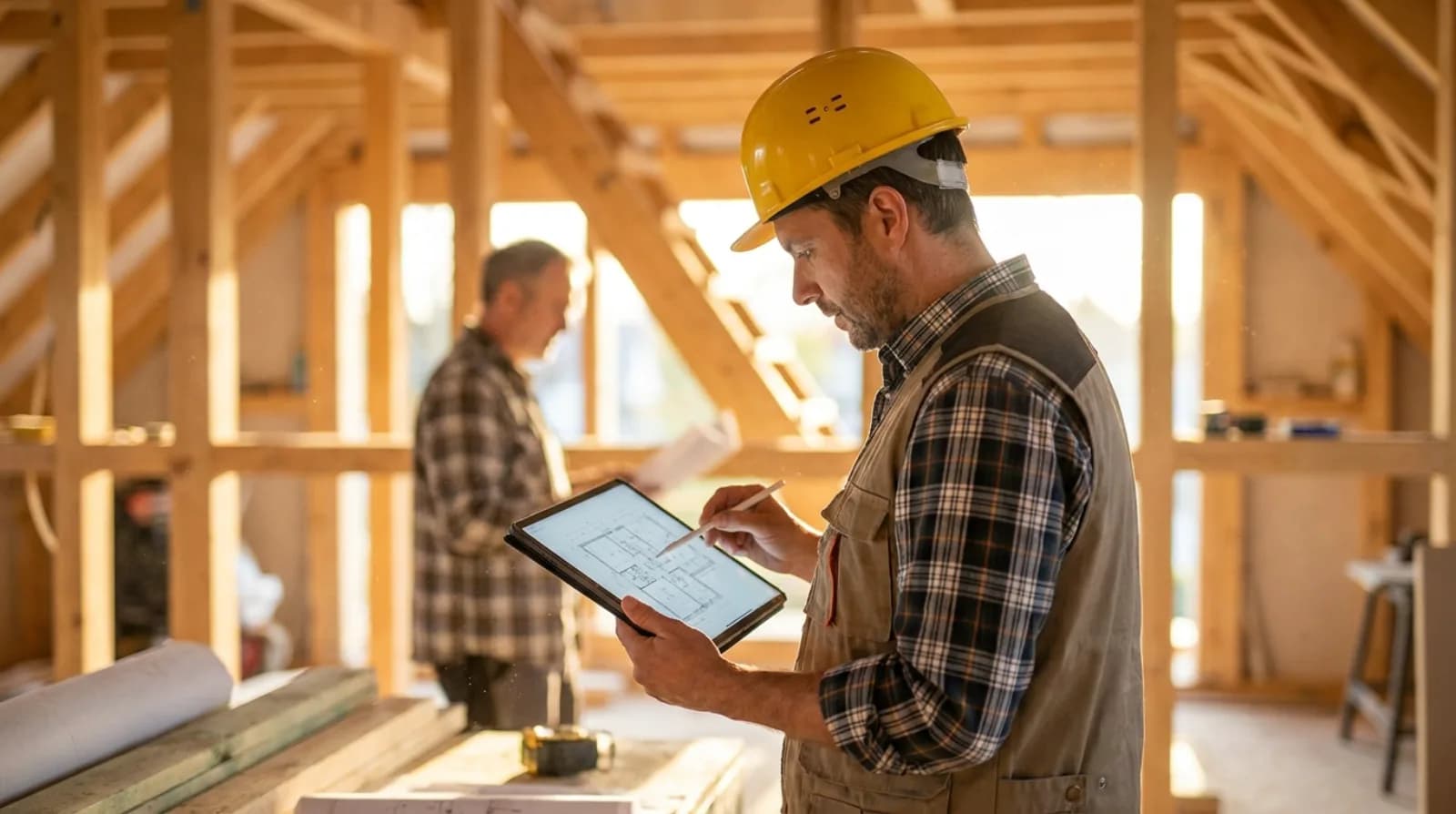 Builder in a hard hat reviewing plans on a tablet at a house renovation site