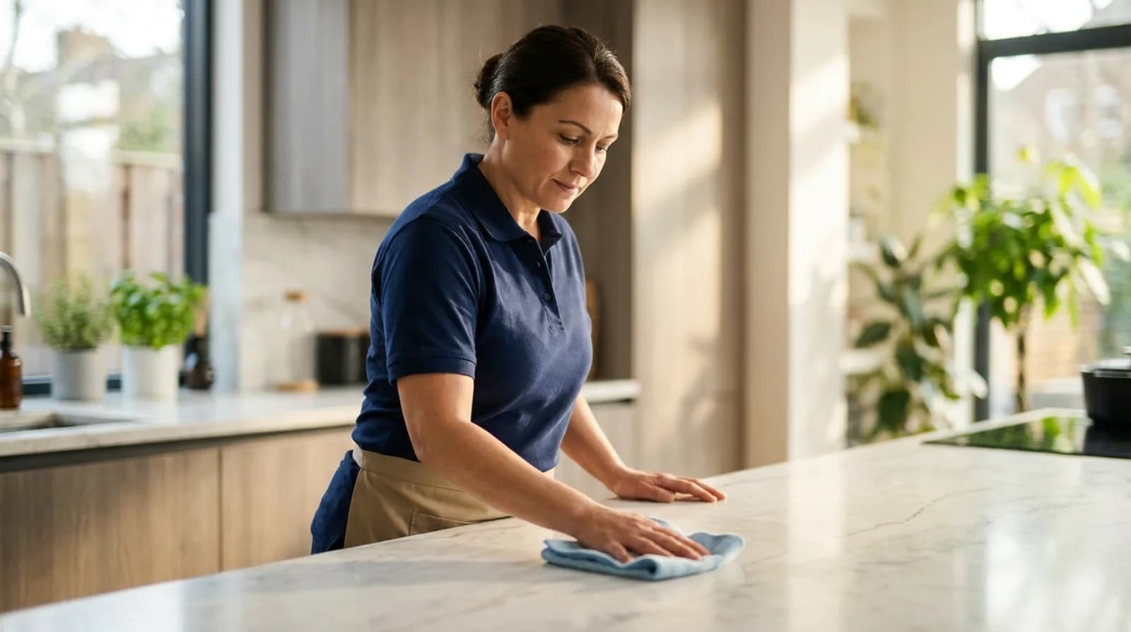 Professional cleaner wiping a kitchen counter in a bright sunny home