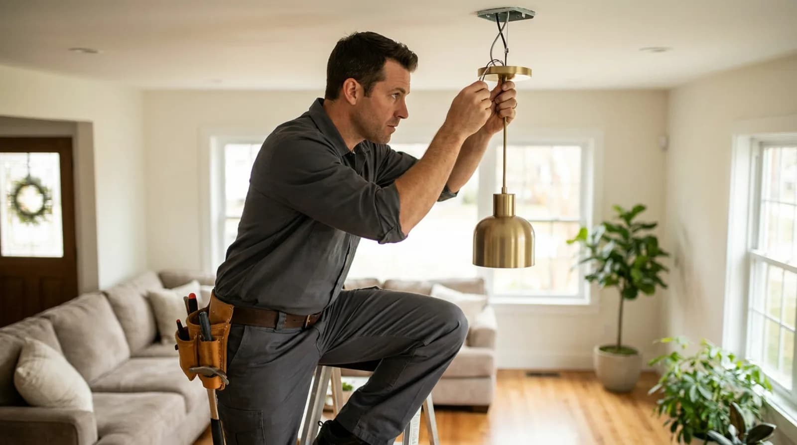 Electrician installing a modern light fixture in a bright renovated living room