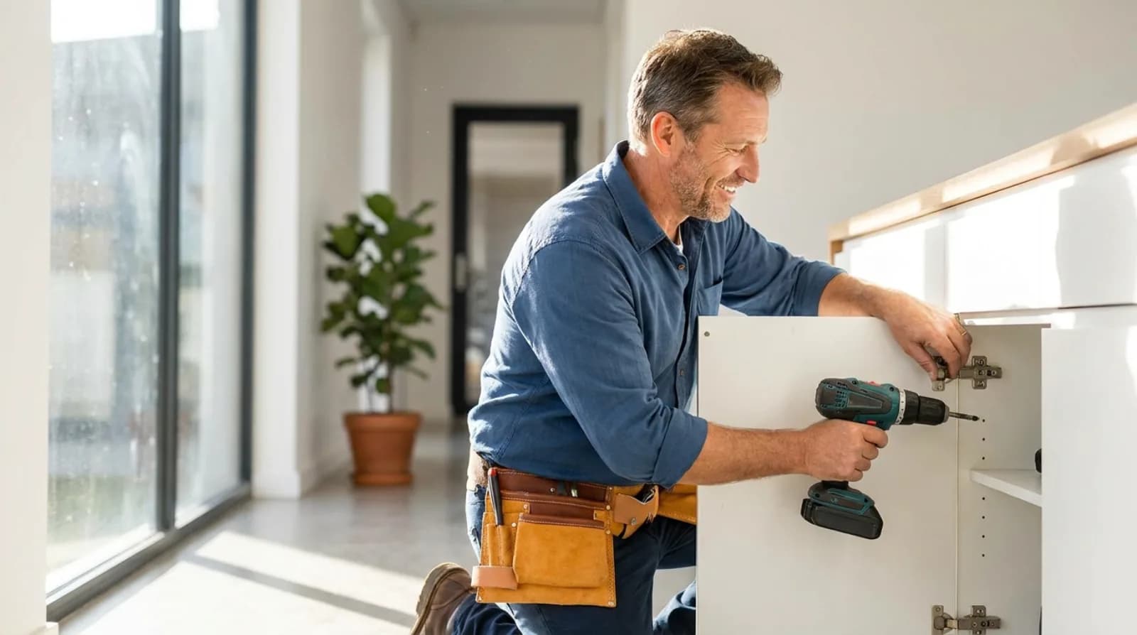 Handyman fixing a cabinet hinge with a drill in a bright hallway
