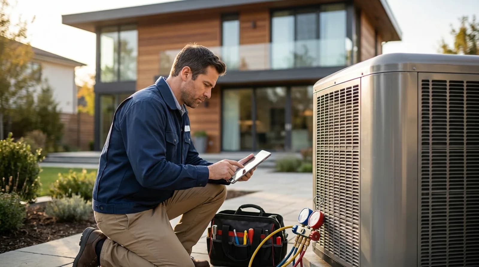 HVAC technician servicing an air conditioning unit outside a modern home