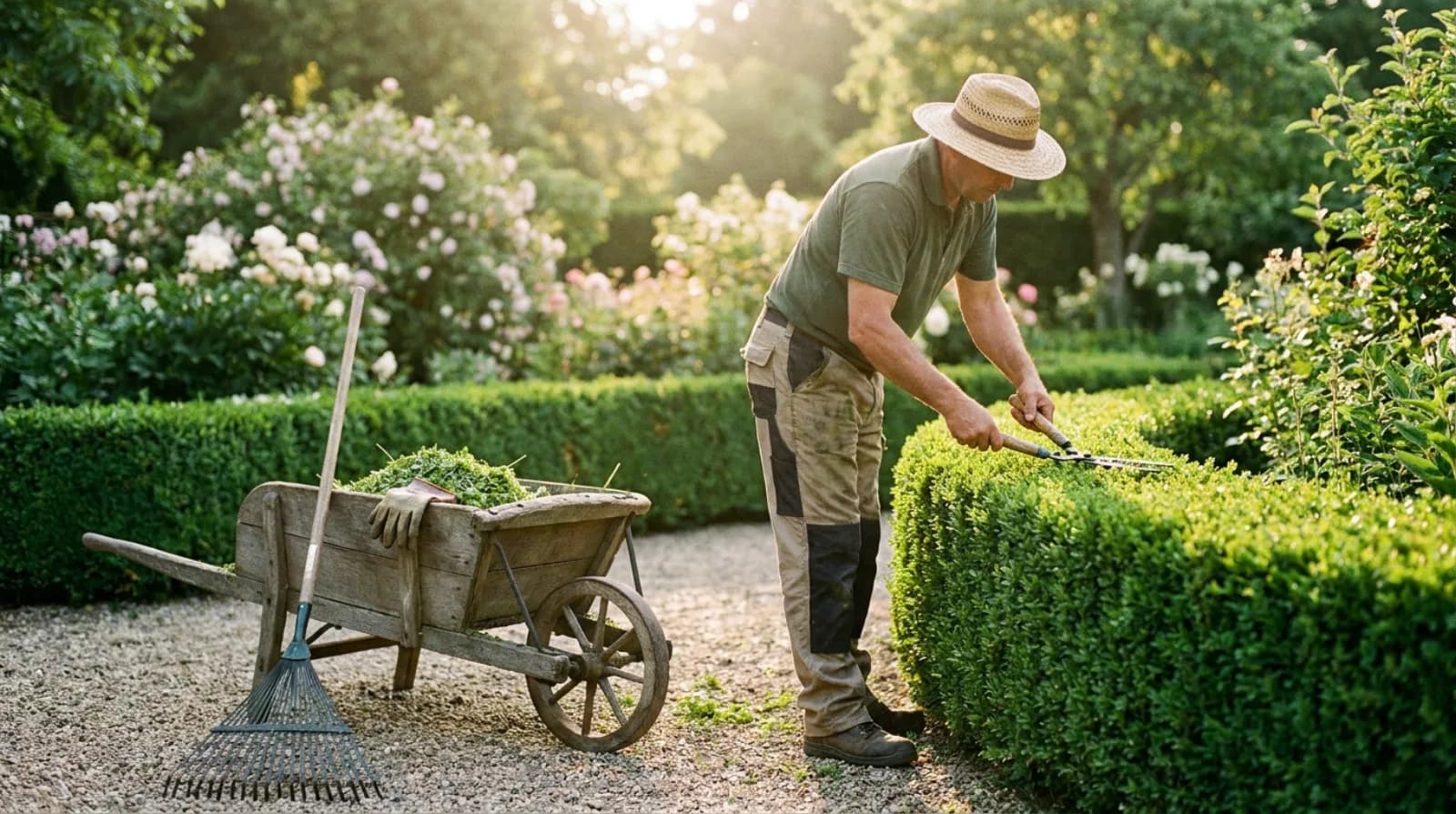 Landscaper trimming a hedge in a beautiful garden in golden light