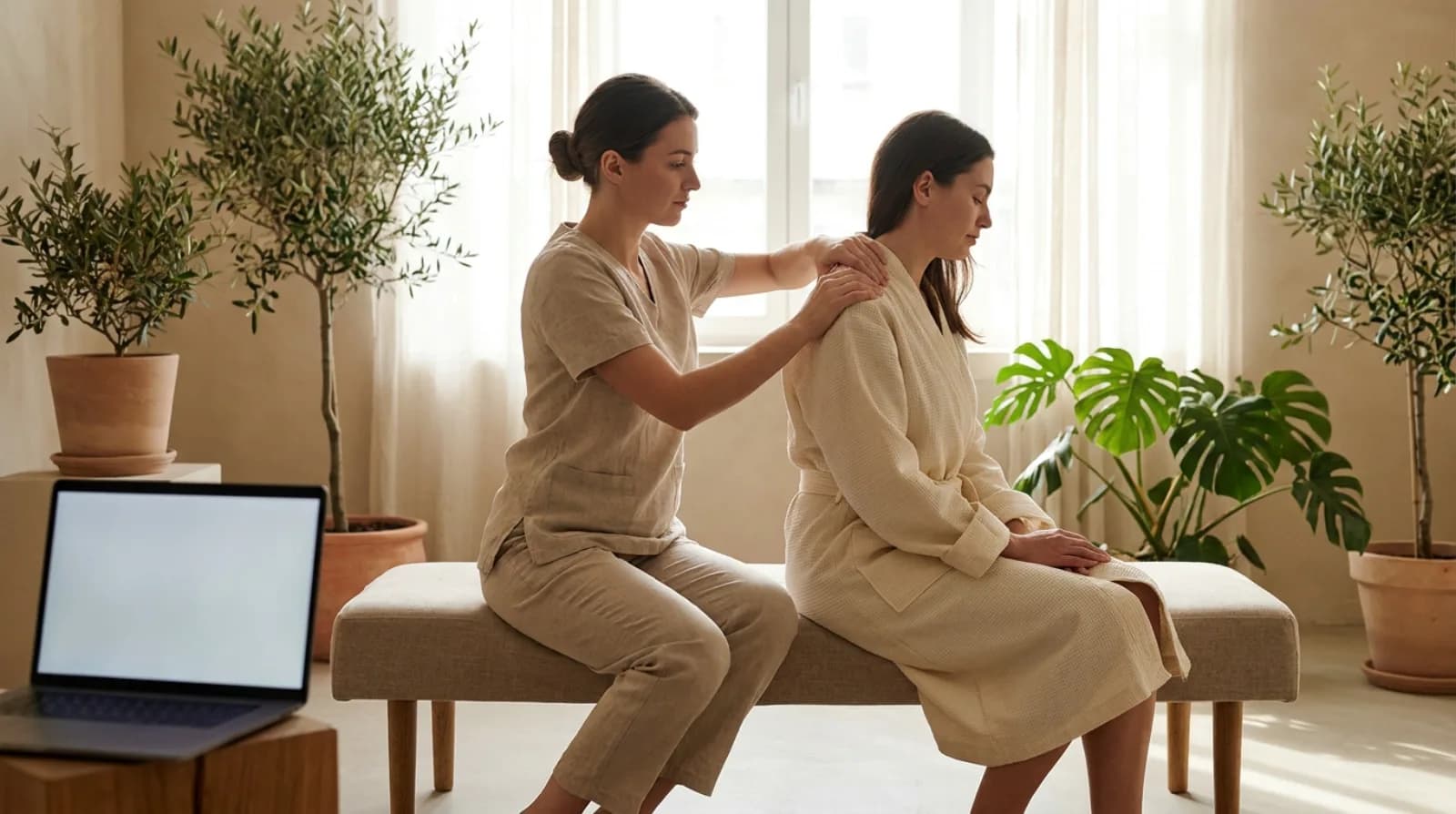 Massage therapist giving a client a relaxing shoulder massage in a calm studio