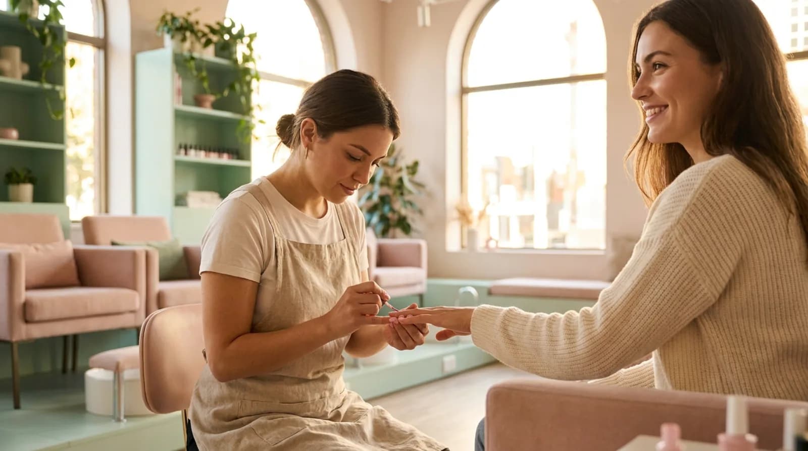 Manicurist painting a client's nails at a bright modern nail bar