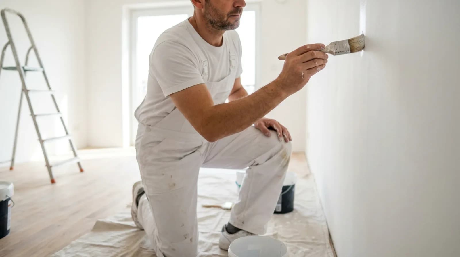 Professional painter cutting in a wall edge in a bright empty room