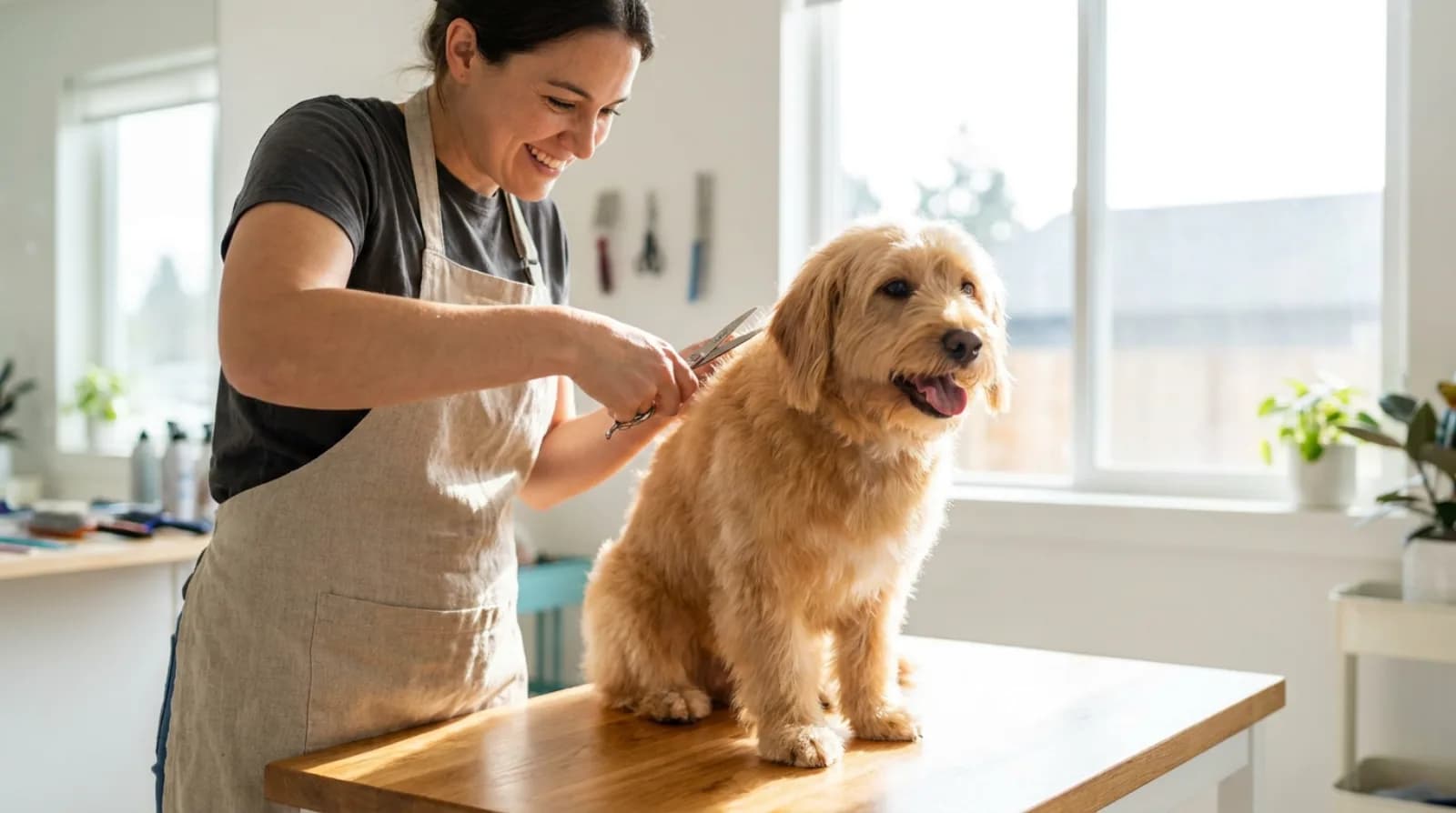 Pet groomer trimming a fluffy dog on a grooming table in a bright salon