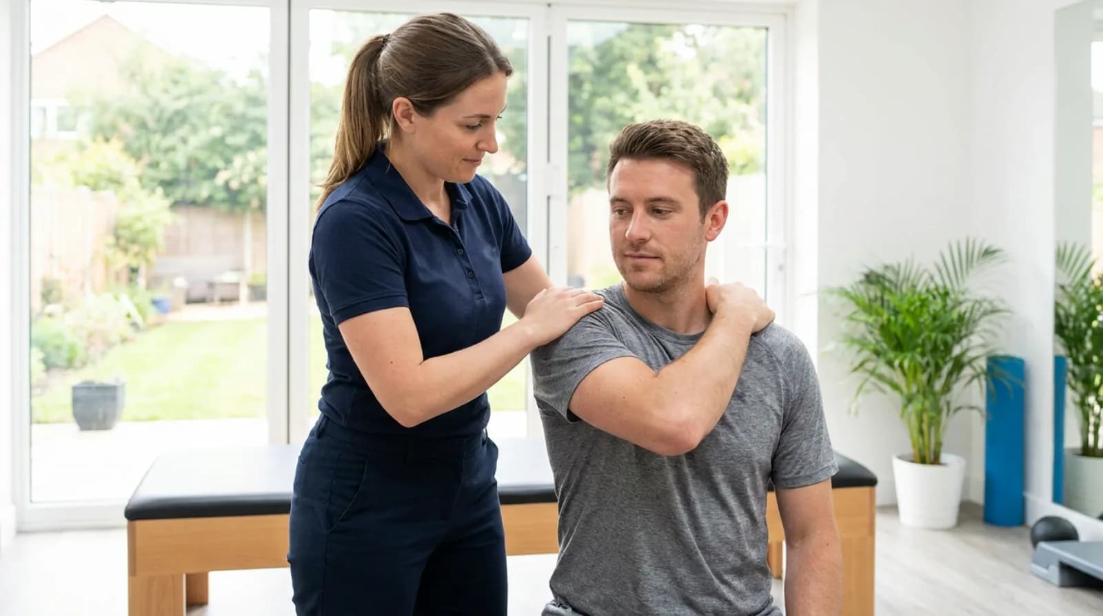 Physiotherapist guiding a patient through a shoulder stretch in a bright practice room