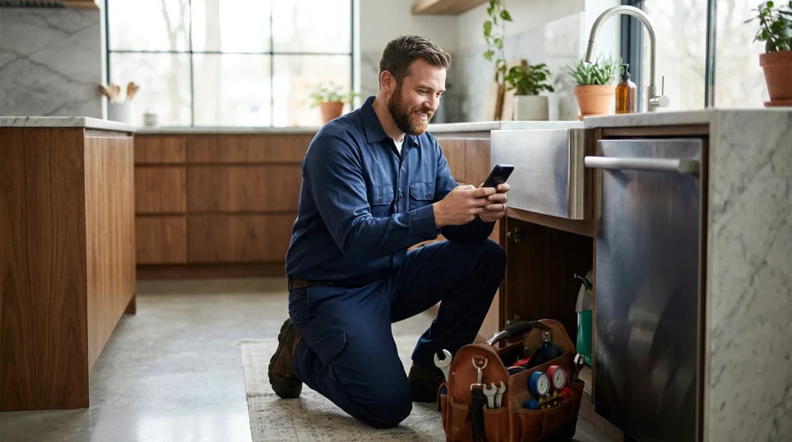 Plumber in navy workwear checking his phone beside a modern kitchen sink