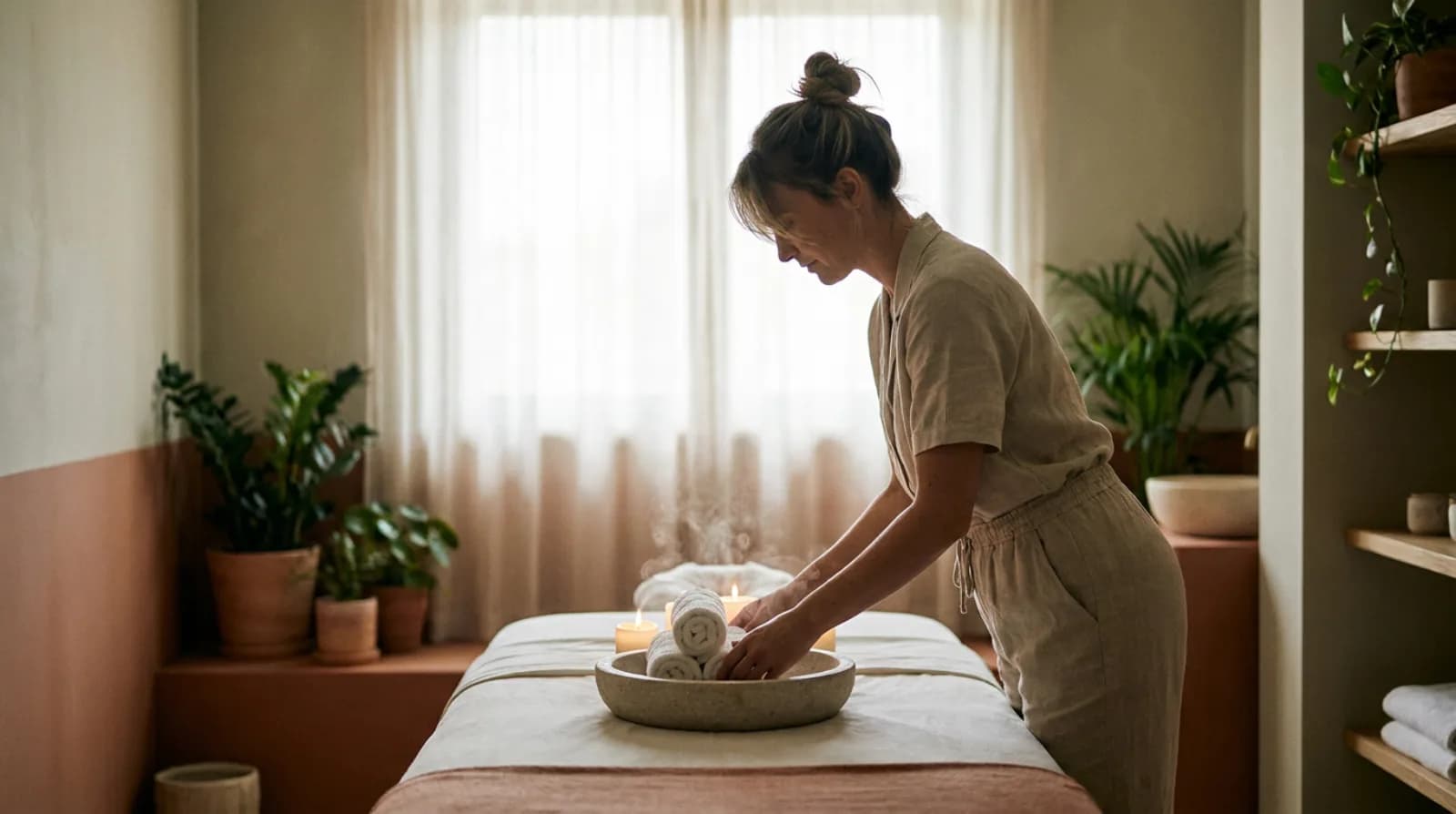 Serene spa treatment room with warm towels and soft natural light