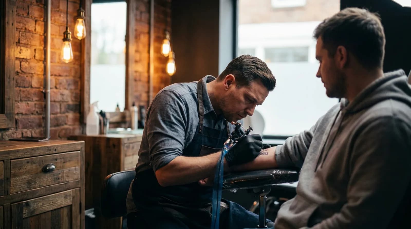 Tattoo artist inking a design on a client's forearm in a modern studio
