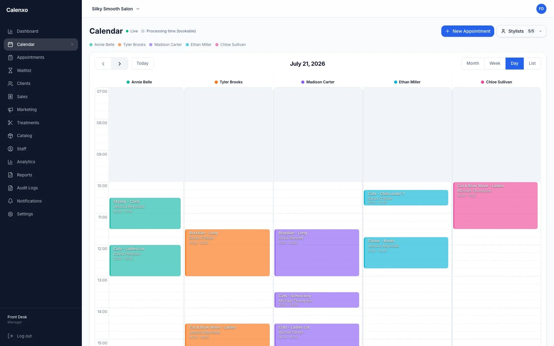 Calenxo calendar with a fully booked day across five team members in separate columns