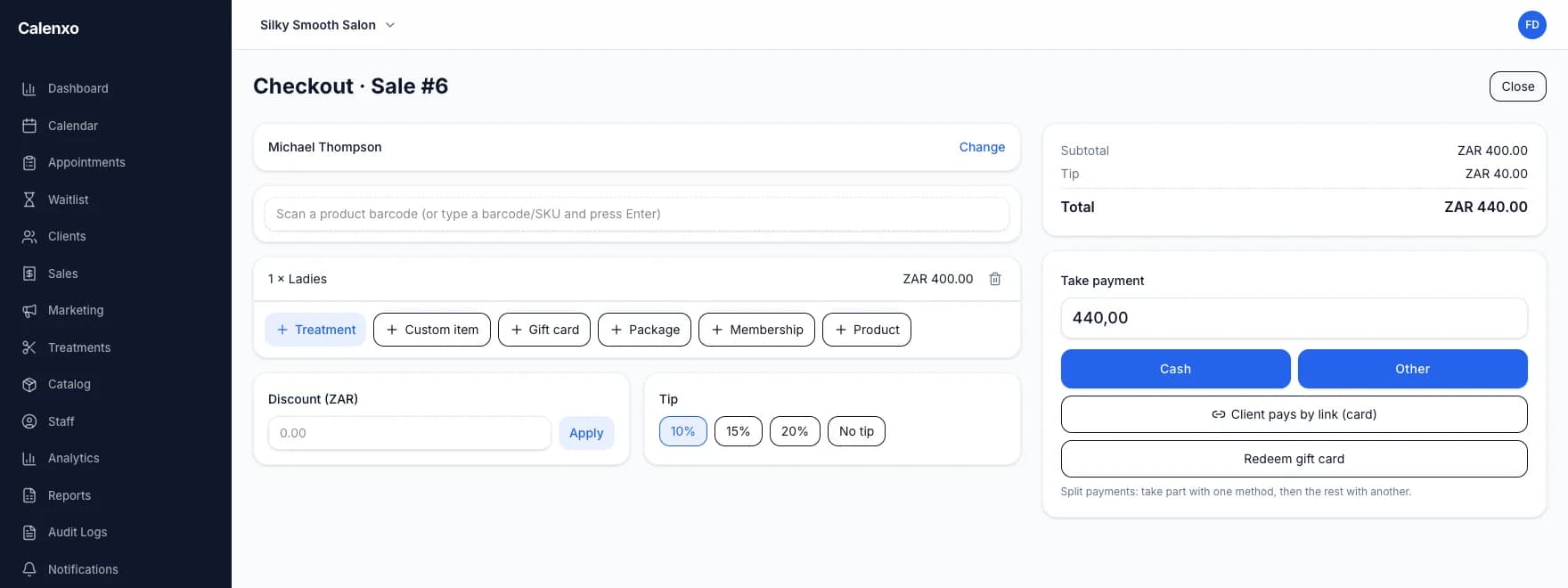Calenxo checkout with services, tips, gift cards, and payment options